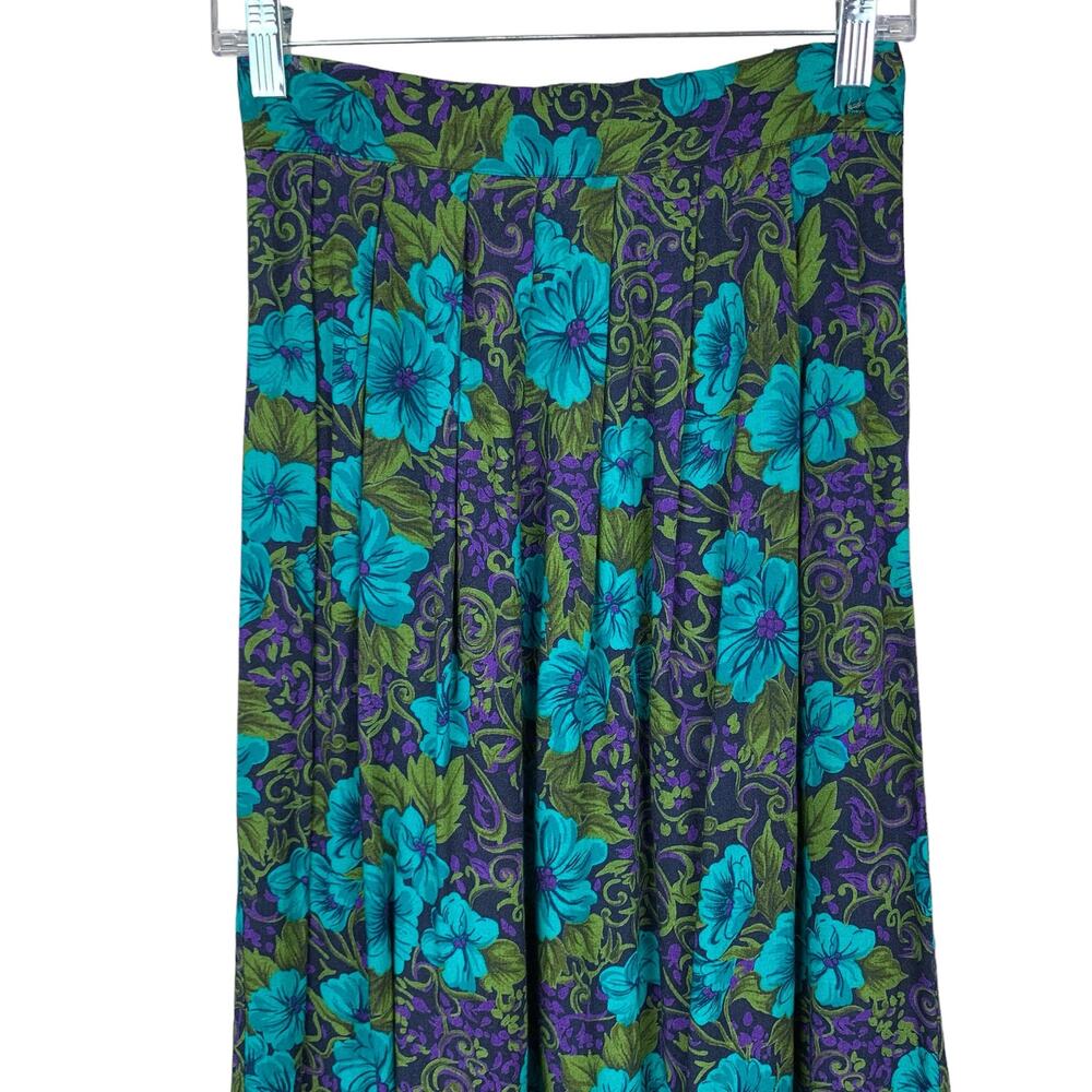 Vintage Worthington Maxi Skirt Pleated Blue Green Floral Pocket Women's 6 - Picture 2 of 8